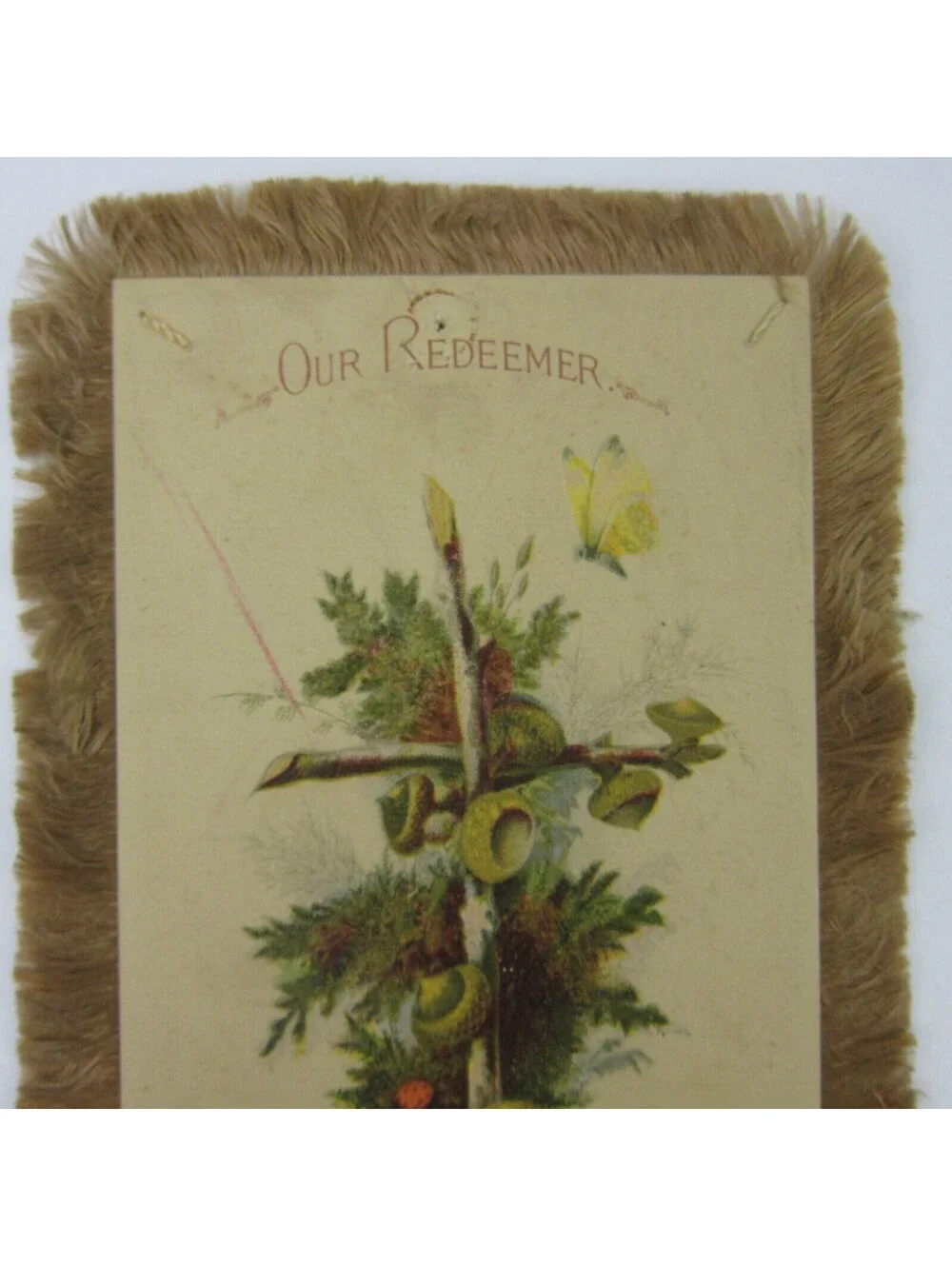 Victorian Card Easter Cross Branches Tree Bough Silk Fringe Double Sided Antique